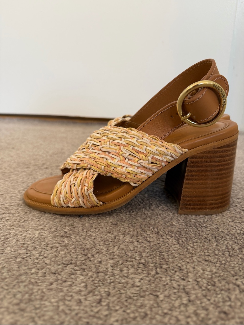See by Chloé Jaicey Woven Crisscross Block Heel Sandals Brown/Yellow Sz 6